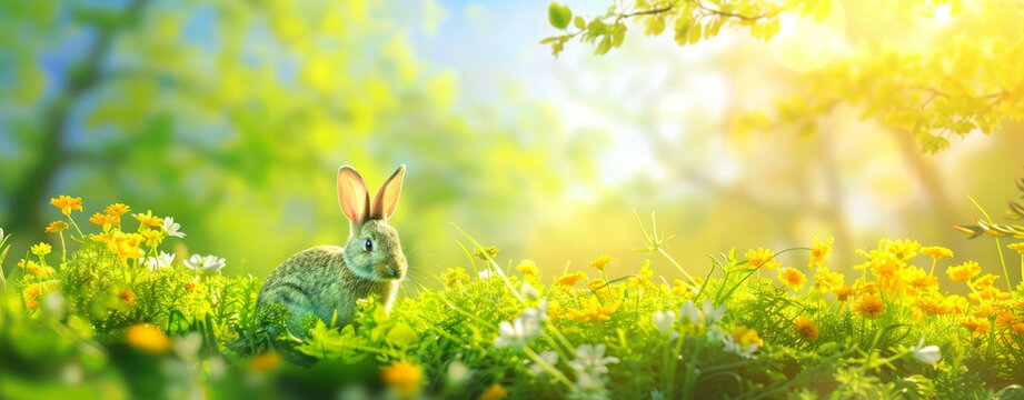 Cute bunny. Summer Spring nature background. Multicolored flowers on the Juicy green grass field under a soft morning sunshine.