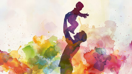 A silhouette of a parent lifting a child against a colorful abstract background, symbolizing love, joy, and the simplicity of happiness. - obrazy, fototapety, plakaty