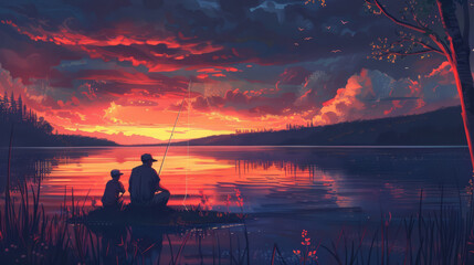 A tranquil scene of fishing at dusk with vivid colors in the sky reflecting on the water, portraying a serene father-child bonding moment. Father's day concept - obrazy, fototapety, plakaty