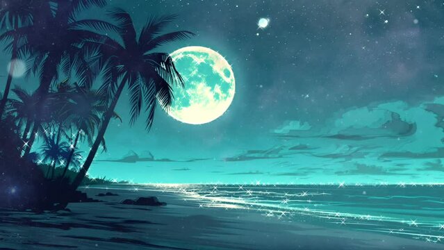 Animation of a beautiful night beach with palm trees and full moon