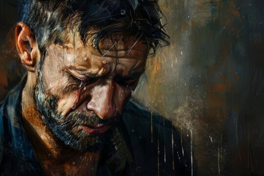 Man Crying with Emotion Dramatic Portrait Capturing Raw Feelings of Sadness and Vulnerability, Realistic Digital Painting