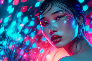 Obraz premium A woman with glittery makeup on her face is the main focus of the image. The background is a mix of bright colors, creating a vibrant and energetic atmosphere
