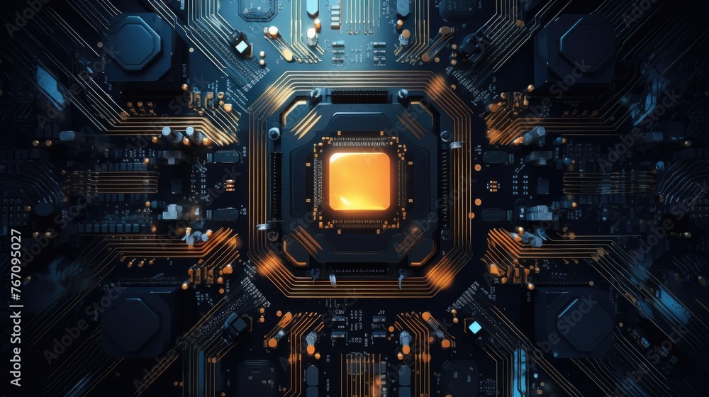 Aufkleber Computer motherboard with CPU. Circuit board system chip with core processor. Computer technology background.