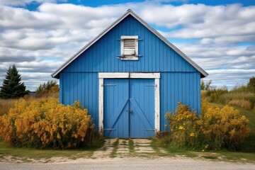 A classic blue barn with white trim located amidst a vast countryside landscape under a blue sky with clouds