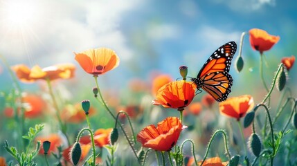 Beautiful red poppy flowers and Monarch butterfly in spring in nature outdoors on sunny day. Blooming poppies. - obrazy, fototapety, plakaty