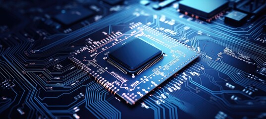 Computer motherboard with CPU. Circuit board system chip with core processor. Computer technology background.