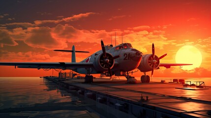 Military airplane on warship board at sunset 