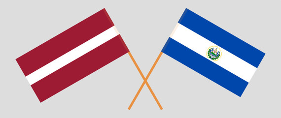 Crossed flags of Latvia and El Salvador. Official colors. Correct proportion