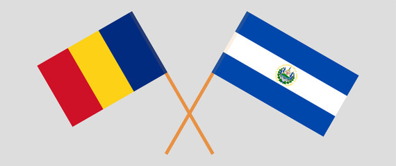 Crossed flags of Romania and El Salvador. Official colors. Correct proportion