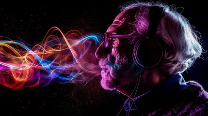 Senior man with headphones experiencing vibrant sound waves in a dark background.