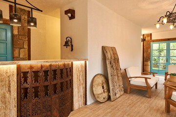 Hotel reception authentic interior, wooden decoration, lobby.