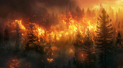 A wildfire raging through a forest, its flames fueled by dry conditions exacerbated by climate change. 32K.