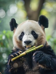 Panda chewing bamboo in bamboo forest on blurred background