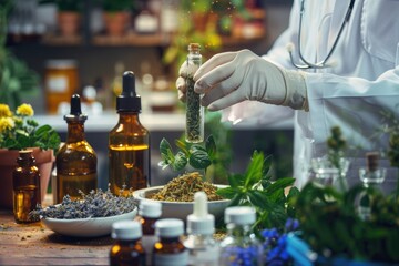 Scientist or doctor making alternative medicine herb in laboratory.