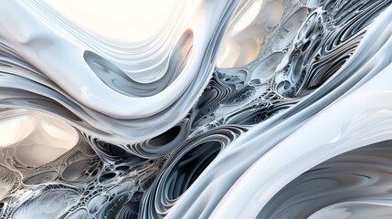 Black and white organic 3D rendering of an alien landscape with a detailed and intricate surface structure.