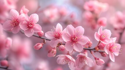 Close up of a Prunus twig with pink cherry blossoms