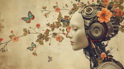 Surreal portrait of a humanoid robot with butterflies, a fusion of artificial intelligence and natural beauty on a textured backdrop.