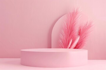 Minimalist Pink Podium with Soft Feather Accents for Product Display, 3D Rendering - obrazy, fototapety, plakaty