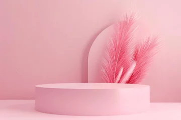 Fotobehang Minimalist Pink Podium with Soft Feather Accents for Product Display, 3D Rendering © furyon