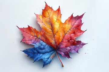 Drawing of a maple leaf on a white background with black lines in pencil, colorful leaf on a white background