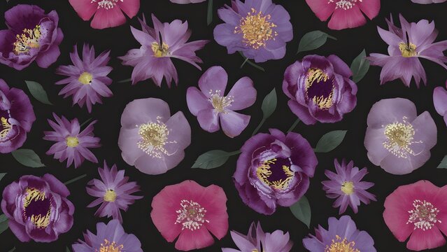 Black floral background featuring beautiful violet peonies, natural flowers