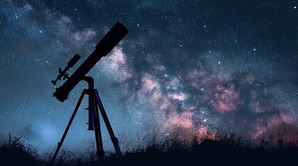 This image is a beautiful landscape of a starry night sky. The telescope is in the center of the image, and is surrounded by tall grass.
