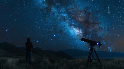 The image is of a person standing in a field, looking up at the night sky. There is a telescope...