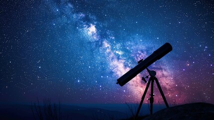 This image shows a view of the night sky with stars, a large telescope is set up on a tripod in the foreground.