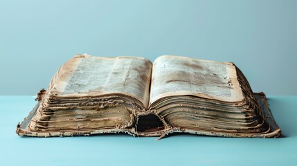 Open old book with yellowed pages on a blue background.