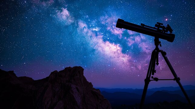 This image shows a view of a starry night sky with a large telescope in the foreground. There is a mountain range in the background.