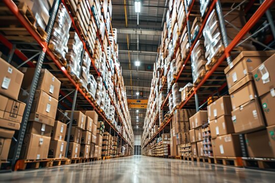 Modern warehouse interior filled with shelves and boxes, industrial abstract photograph