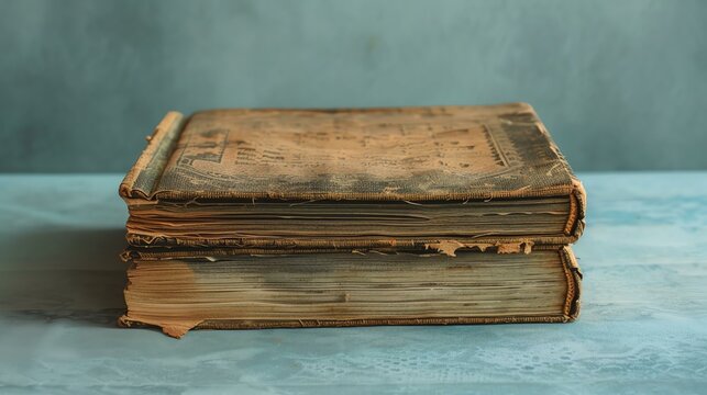 Two old books sit on a solid blue background. The books are very old and the leather binding is worn and cracked. The pages are yellowed and brittle.