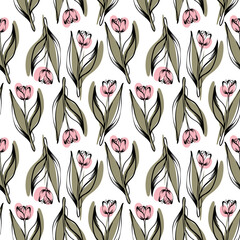 Seamless pattern with spring and summer colors. Sketch-style tulip pattern, hand-drawn on white background for unique packaging designs and flower shops.