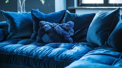 Blue velvet sofa with  decorative pillows.