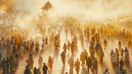 Crowded public square with people walking in all directions. The square is covered in a golden haze. - obrazy, fototapety, plakaty