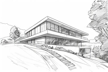 Mountain House Sketch, Line Art Architectural Illustration Concept
