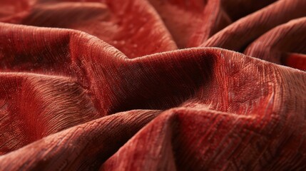 Red velvet fabric with a wavy pattern. - obrazy, fototapety, plakaty