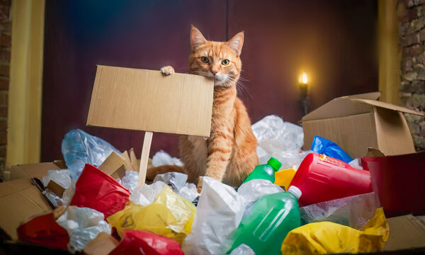 A cat with a blank sign sits on a pile of plastic trash. Template with animal and empty space for text.