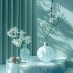 A vase with white flowers sits on a table next to a vase with white flowers