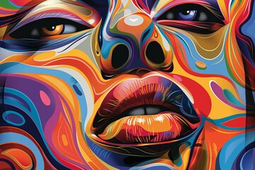 A colorful painting of a woman's face with a mouth open, The painting is abstract and has a lot of different colors