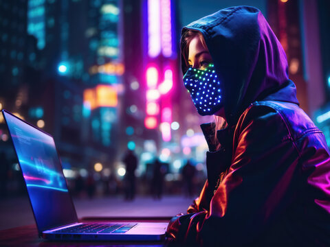 Hacker sits at a laptop. Background on the theme of computer security in cyberpunk style. Threat to saved data and hacking of accounts.