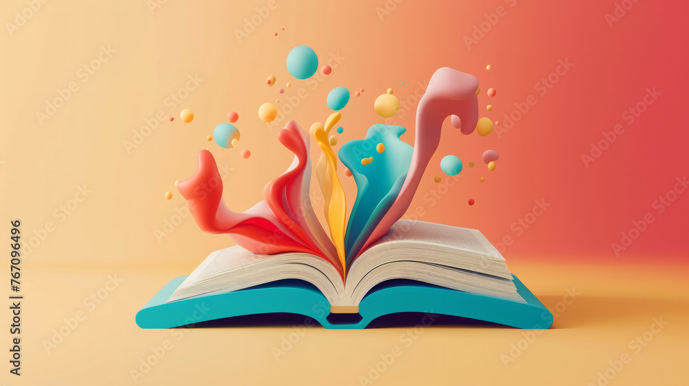 Poster a book is open to a page with a lot of colorful shapes falling out of it. the scene is chaotic and d