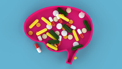 Assorted medical pills and human brain with blue background in conceptual format. Showing the brain having over consumption of medicine. 3D rendering.