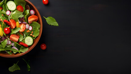 Tasty salad in bowl on black wooden background with copy space. Healthy fresh vegetable, fruit and grain. Topview - obrazy, fototapety, plakaty