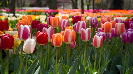 Blooming colorful tulips flowerbed in public garden, Lisse, Netherlands