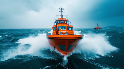 A large orange boat is speeding through the water. The boat is surrounded by a lot of water and the sky is cloudy