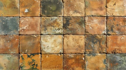 The image is a close-up of a wall made of old, weathered tiles.