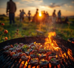 Group of People Standing Around Grill With Food