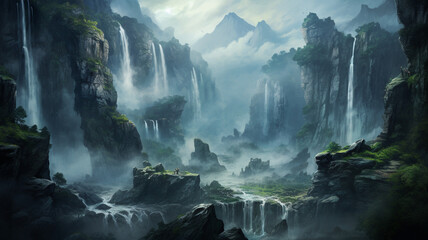  A majestic waterfall cascading down rugged cliffs, enveloped in mist, evoking a sense of awe and wonder. 