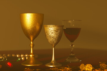 Elegant Scene: Antique Goblets, Fine Wine, and Scattered Precious Jewelry on a Table
